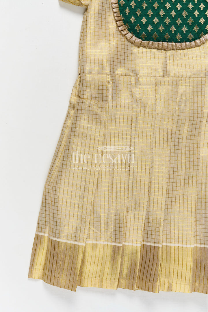 The Nesavu Silk Frock Girls Pattu Long Frock in Yellow Silk with Green Semi Banaras Yoke and Traditional Pleats Nesavu Nesavu Girls Pattu Long Frock Yellow Silk Green Banaras Yoke Traditional Pleats