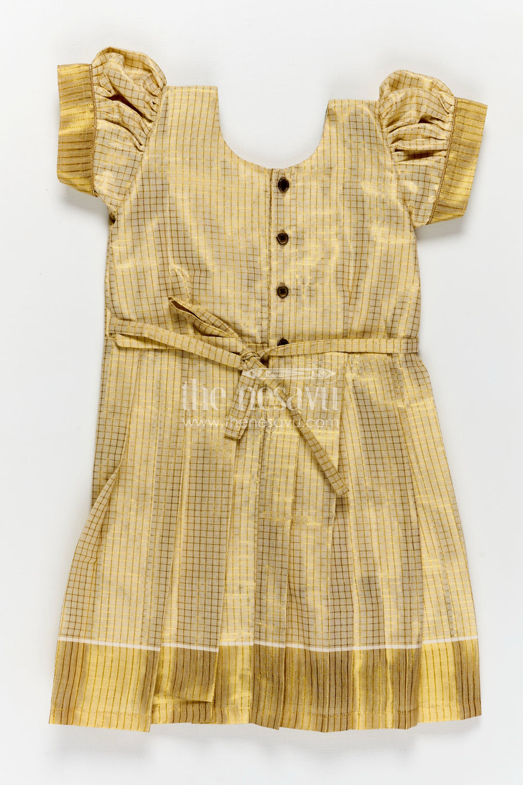 The Nesavu Silk Frock Girls Pattu Long Frock in Yellow Silk with Green Semi Banaras Yoke and Traditional Pleats Nesavu Nesavu Girls Pattu Long Frock Yellow Silk Green Banaras Yoke Traditional Pleats