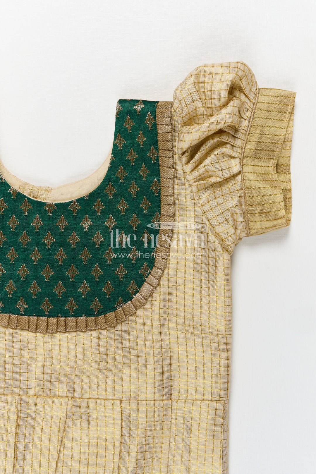 The Nesavu Silk Frock Girls Pattu Long Frock in Yellow Silk with Green Semi Banaras Yoke and Traditional Pleats Nesavu Nesavu Girls Pattu Long Frock Yellow Silk Green Banaras Yoke Traditional Pleats
