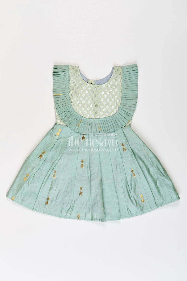 The Nesavu Silk Frock Girls Pattu Long Frocks Designs in Green Viscose with Semi Banaras Yoke and Pleated Details Nesavu 18 (2Y) / Blue SF1011B-18 Nesavu Pattu Long Frocks Designs Green Viscose Banaras Yoke Pleated Skirt