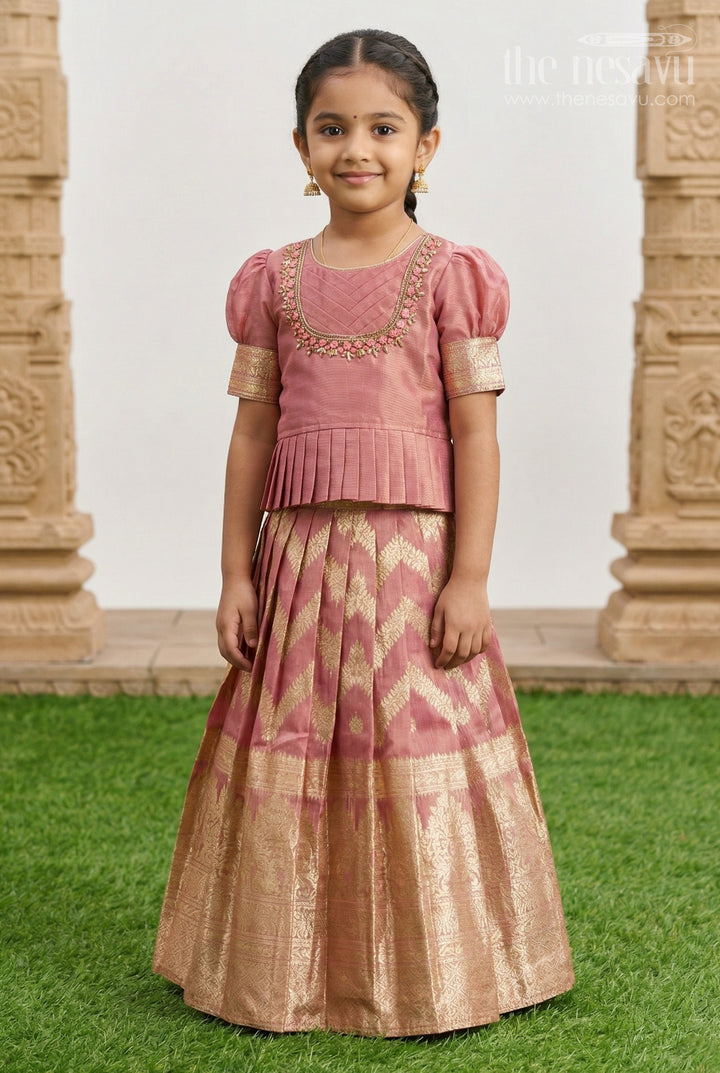 The Nesavu Pattu Pavadai Girls Pattu Pavadai for Festive Celebrations and Family Functions Nesavu 16 (1Y) / Peach / Silk GPP379C-16 Nesavu Girls Pattu Pavadai For Festive Occasions With Blend Silk And Tissue Bottom Traditional Outfit