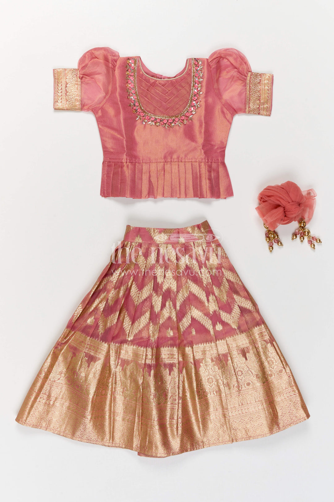 The Nesavu Pattu Pavadai Girls Pattu Pavadai for Festive Celebrations and Family Functions Nesavu Nesavu Girls Pattu Pavadai For Festive Occasions With Blend Silk And Tissue Bottom Traditional Outfit