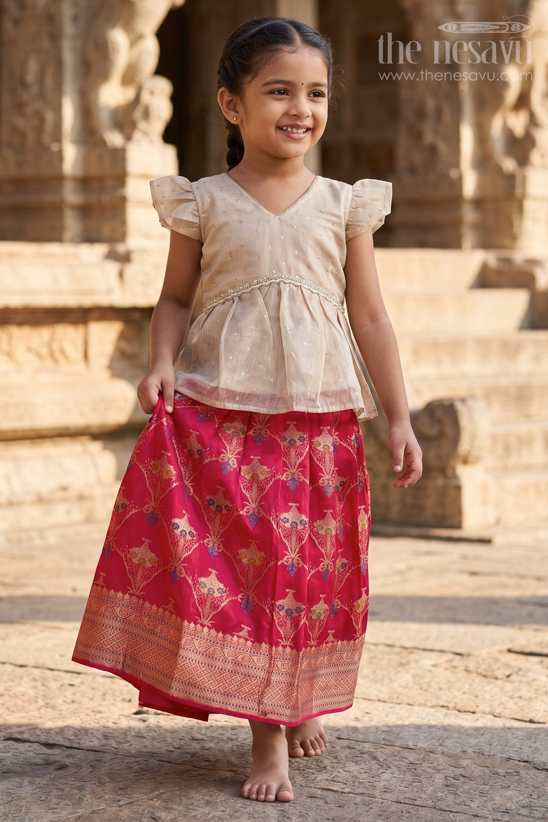 The Nesavu Pattu Pavadai Girls Pattu Pavadai for Festive Celebrations and Traditional Occasions Nesavu 18 (2Y) / Cream / Semi Banarasi GPP382A-18 Nesavu Girls Pattu Pavadai For Festive Celebrations And Traditional Occasions With Semi Banaras Silk Design