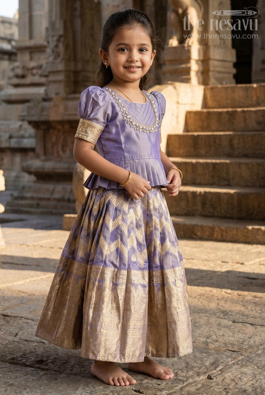 The Nesavu Pattu Pavadai Girls Pattu Pavadai for Festive Occasions and Family Functions Nesavu 16 (1Y) / Purple / Silk GPP379A-16 Nesavu Girls Pattu Pavadai For Festive Occasions With Blend Silk And Tissue Skirt Traditional Design