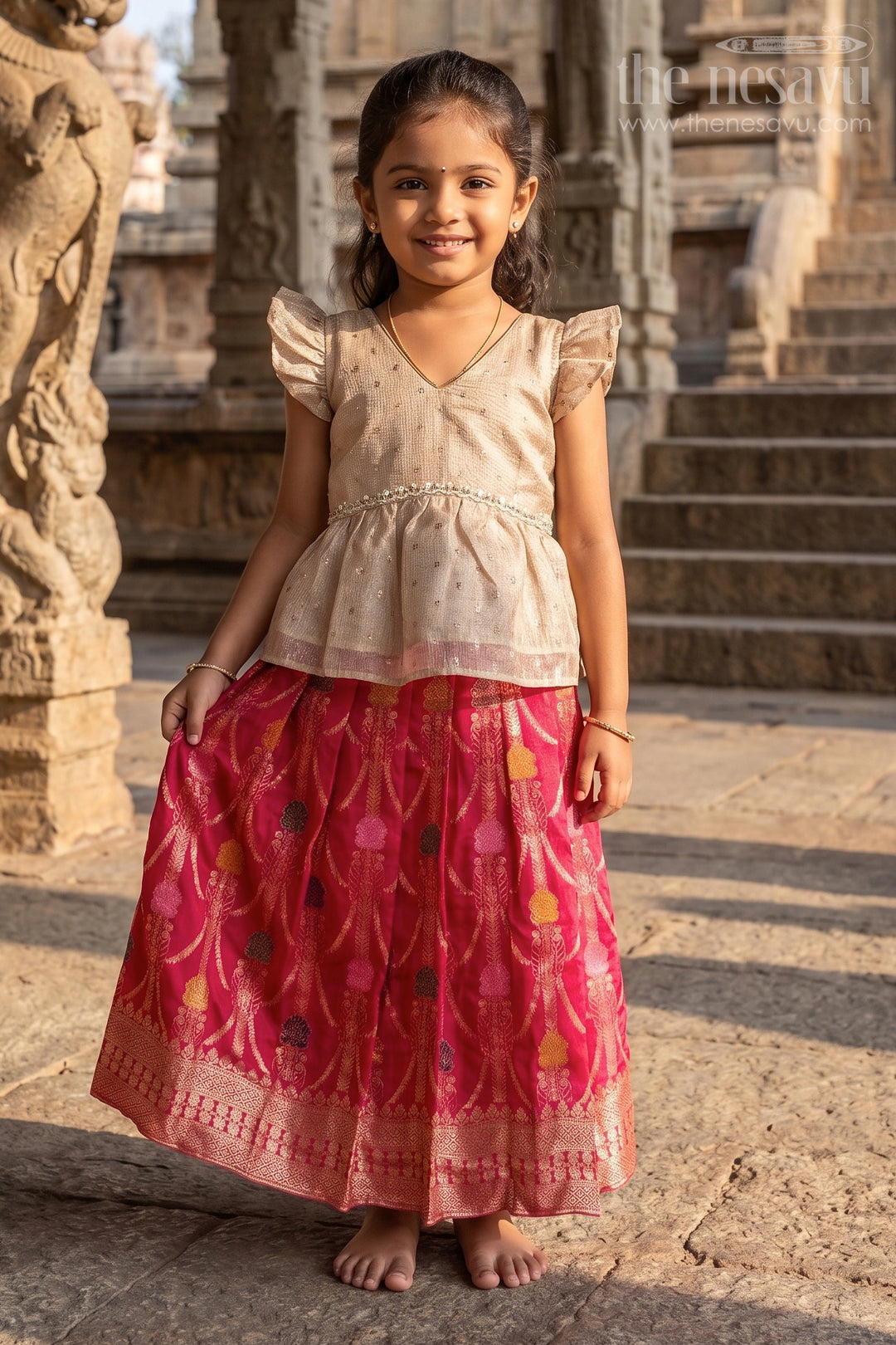 The Nesavu Pattu Pavadai Girls Pattu Pavadai for Temple Visits and Festive Dressing Nesavu 18 (2Y) / Cream / Semi Banarasi GPP382B-18 Nesavu Girls Pattu Pavadai For Temple Visits And Festive Dressing With Semi Banaras Silk And Traditional Design