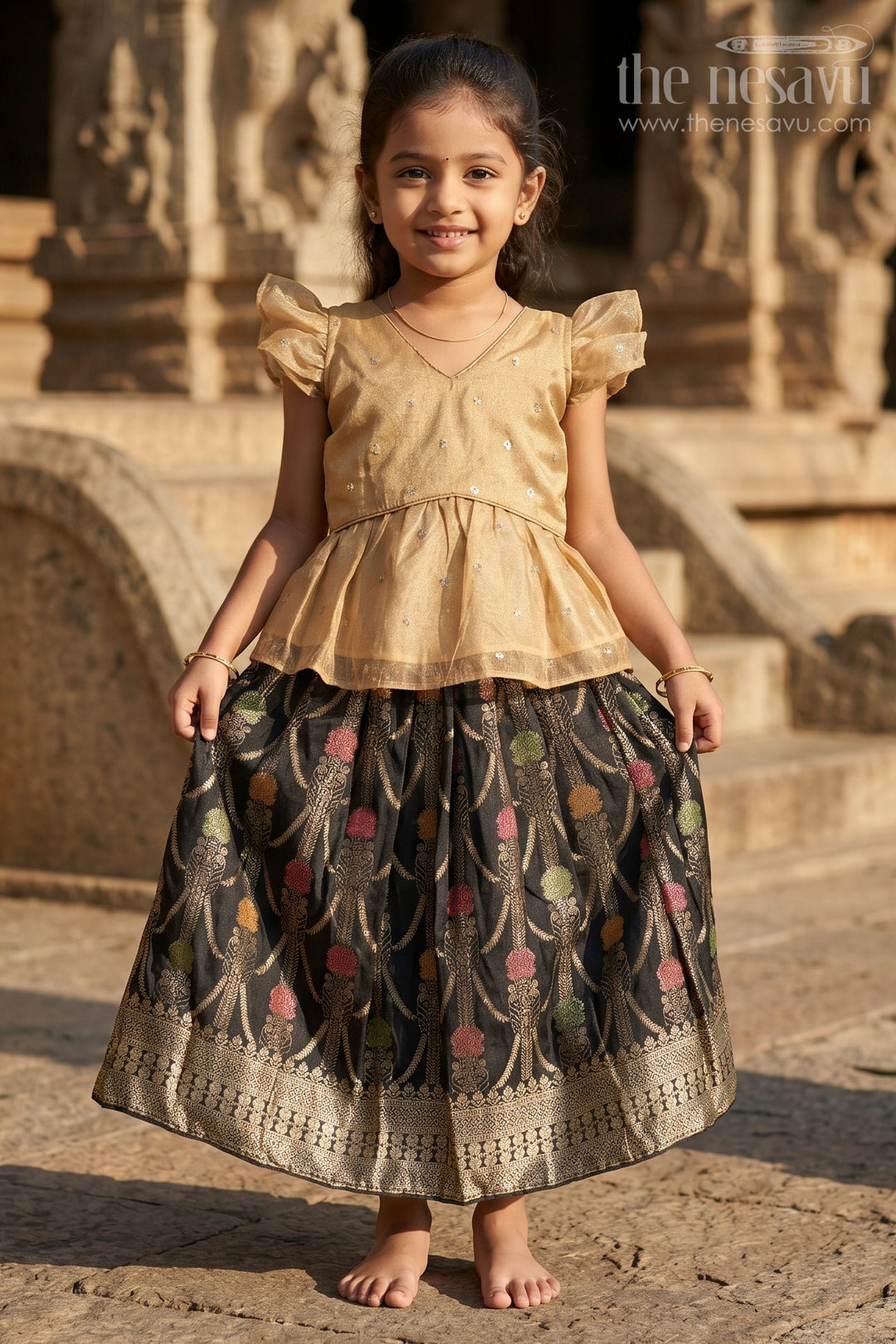The Nesavu Pattu Pavadai Girls Pattu Pavadai for Traditional Celebrations and Festive Wear Nesavu 18 (2Y) / Gold / Semi Banarasi GPP381A-18 Nesavu Girls Pattu Pavadai For Traditional Celebrations And Festive Wear With Semi Banaras Silk Design