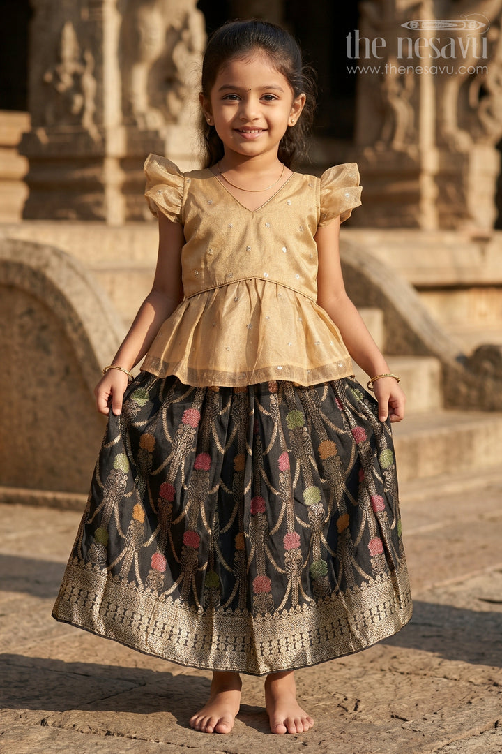 The Nesavu Pattu Pavadai Girls Pattu Pavadai for Traditional Celebrations and Festive Wear Nesavu 18 (2Y) / Gold / Semi Banarasi GPP381A-18 Nesavu Girls Pattu Pavadai For Traditional Celebrations And Festive Wear With Semi Banaras Silk Design