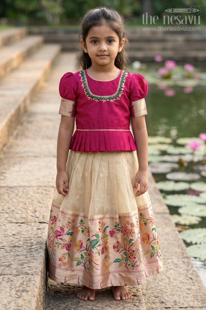The Nesavu Pattu Pavadai Girls Pattu Pavadai for Traditional Festivals and Temple Visits Nesavu 16 (1Y) / Red / Silk GPP375B-16 Nesavu Girls Pattu Pavadai For Festivals And Temple Visits With Blend Silk And Tissue Bottom Design