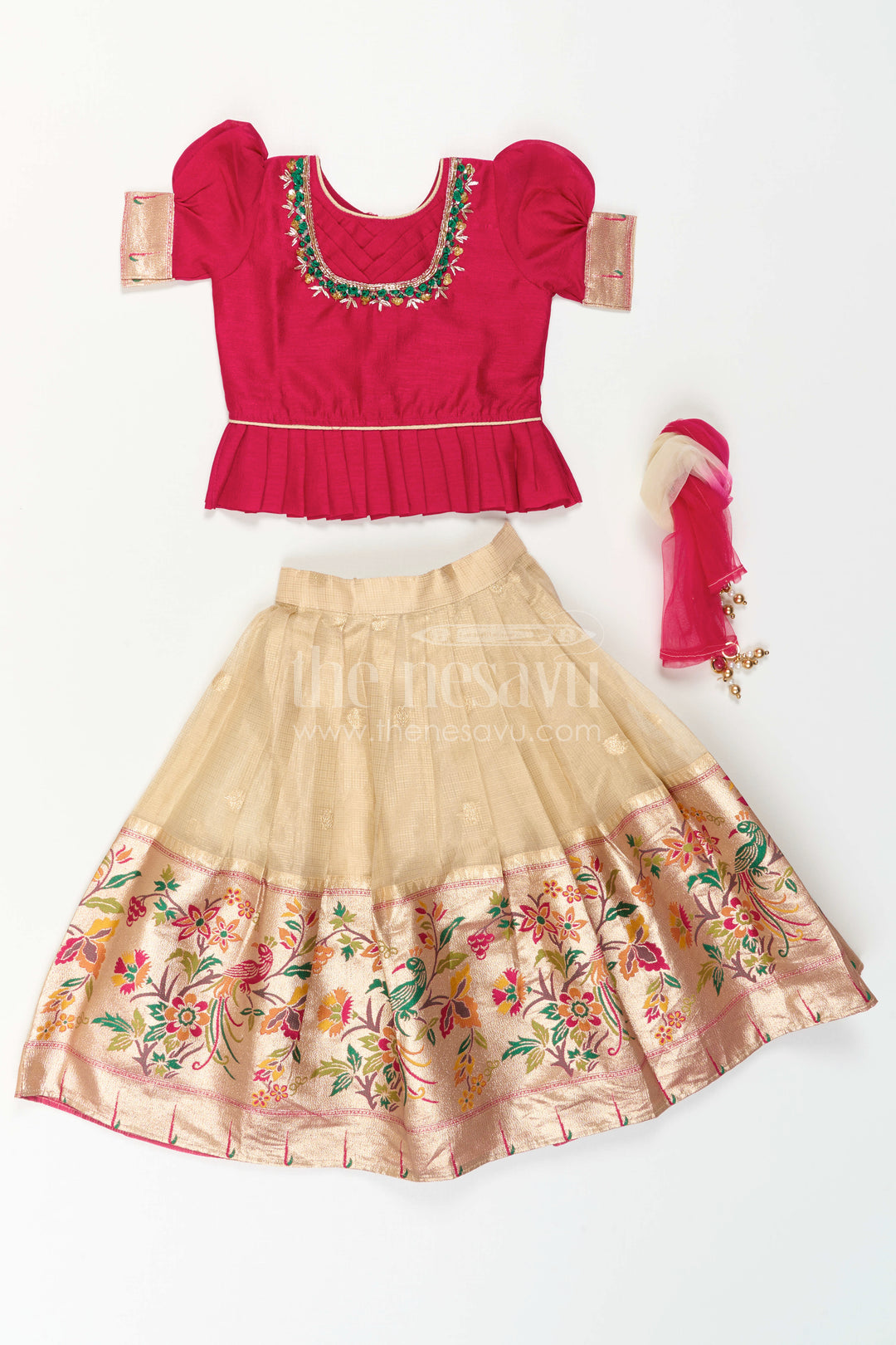 The Nesavu Pattu Pavadai Girls Pattu Pavadai for Traditional Festivals and Temple Visits Nesavu Nesavu Girls Pattu Pavadai For Festivals And Temple Visits With Blend Silk And Tissue Bottom Design