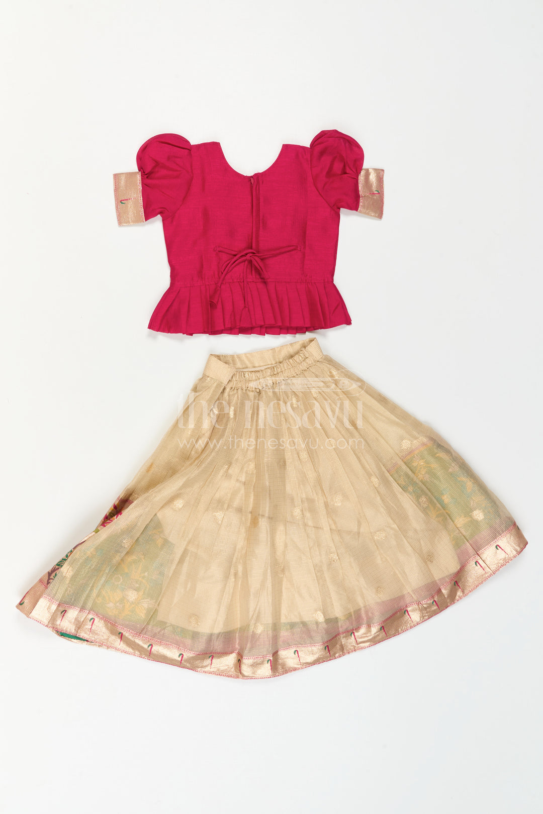 The Nesavu Pattu Pavadai Girls Pattu Pavadai for Traditional Festivals and Temple Visits Nesavu Nesavu Girls Pattu Pavadai For Festivals And Temple Visits With Blend Silk And Tissue Bottom Design