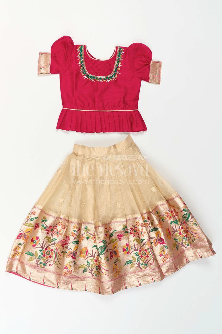 The Nesavu Pattu Pavadai Girls Pattu Pavadai for Traditional Festivals and Temple Visits Nesavu Nesavu Girls Pattu Pavadai For Festivals And Temple Visits With Blend Silk And Tissue Bottom Design
