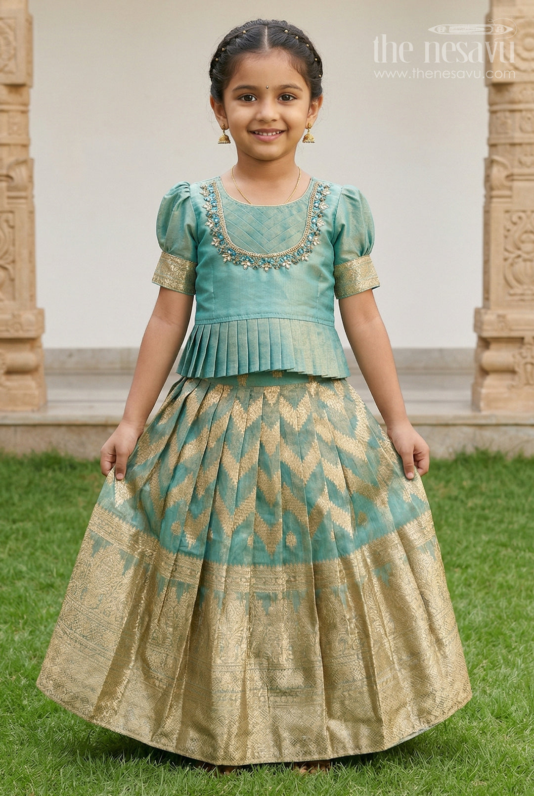 The Nesavu Pattu Pavadai Girls Pattu Pavadai for Weddings and Festive Celebrations Nesavu 16 (1Y) / Turquoise / Silk GPP379B-16 Nesavu Girls Pattu Pavadai For Weddings With Blend Silk And Tissue Bottom Traditional Festive Outfit