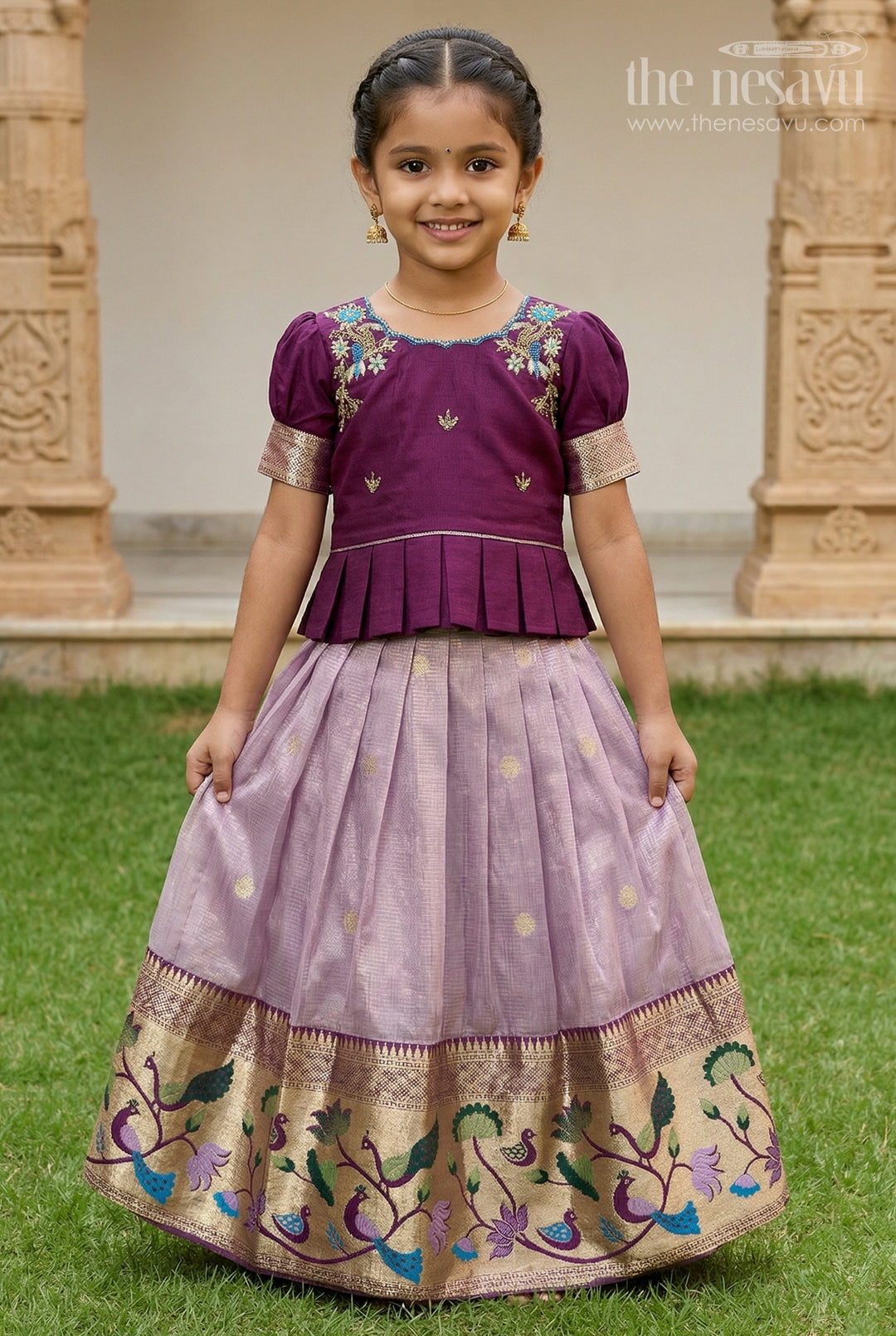 The Nesavu Pattu Pavadai Girls Pattu Pavadai for Weddings and Traditional Celebrations Nesavu 16 (1Y) / Purple / Silk GPP367CB-16 Nesavu Girls Pattu Pavadai For Weddings With Blend Silk And Tissue Bottom Festive Traditional Design
