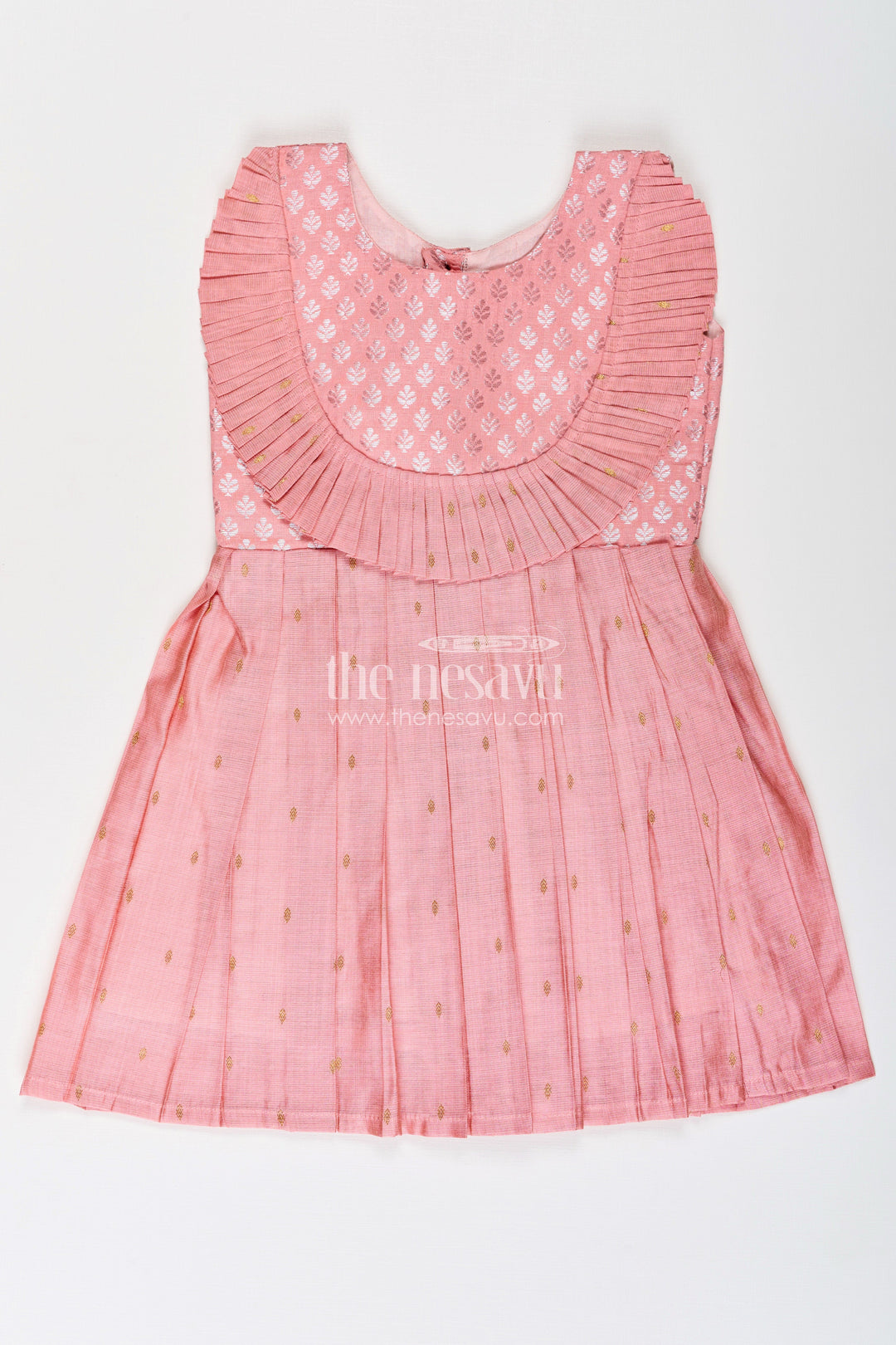 The Nesavu Silk Frock Girls Pattu Pavadai Model in Pink Viscose with Semi Banaras Yoke and Pleated Traditional Design Nesavu 16 (1Y) / Pink SF1011A-16 Nesavu Girls Pattu Pavadai Model Pink Viscose Semi Banaras Yoke Pleated Finish