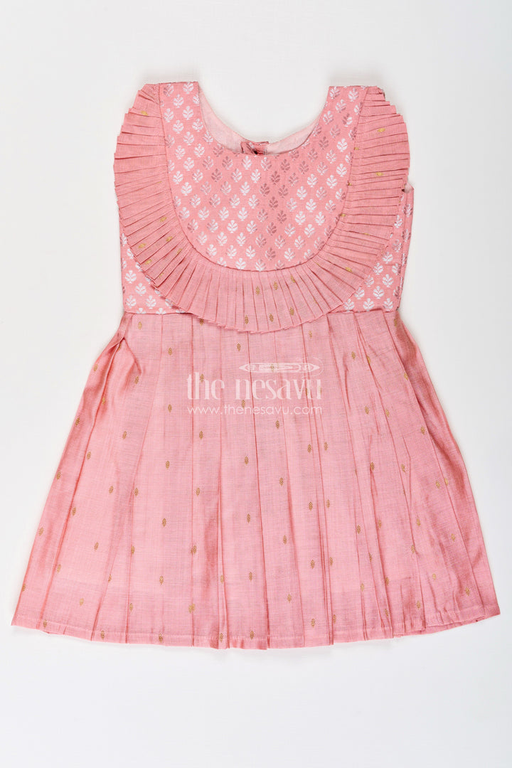 The Nesavu Silk Frock Girls Pattu Pavadai Model in Pink Viscose with Semi Banaras Yoke and Pleated Traditional Design Nesavu 16 (1Y) / Pink SF1011A-16 Nesavu Girls Pattu Pavadai Model Pink Viscose Semi Banaras Yoke Pleated Finish