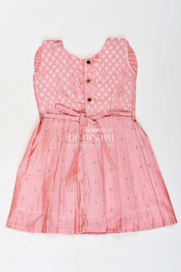 The Nesavu Silk Frock Girls Pattu Pavadai Model in Pink Viscose with Semi Banaras Yoke and Pleated Traditional Design Nesavu Nesavu Girls Pattu Pavadai Model Pink Viscose Semi Banaras Yoke Pleated Finish