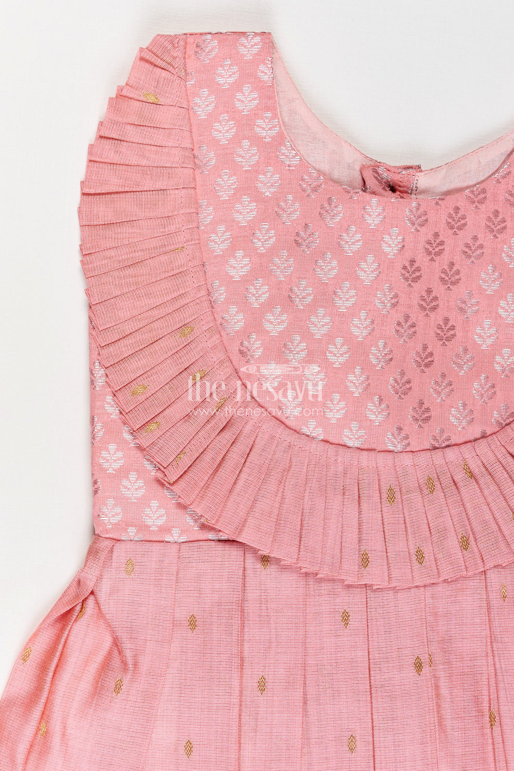 The Nesavu Silk Frock Girls Pattu Pavadai Model in Pink Viscose with Semi Banaras Yoke and Pleated Traditional Design Nesavu Nesavu Girls Pattu Pavadai Model Pink Viscose Semi Banaras Yoke Pleated Finish