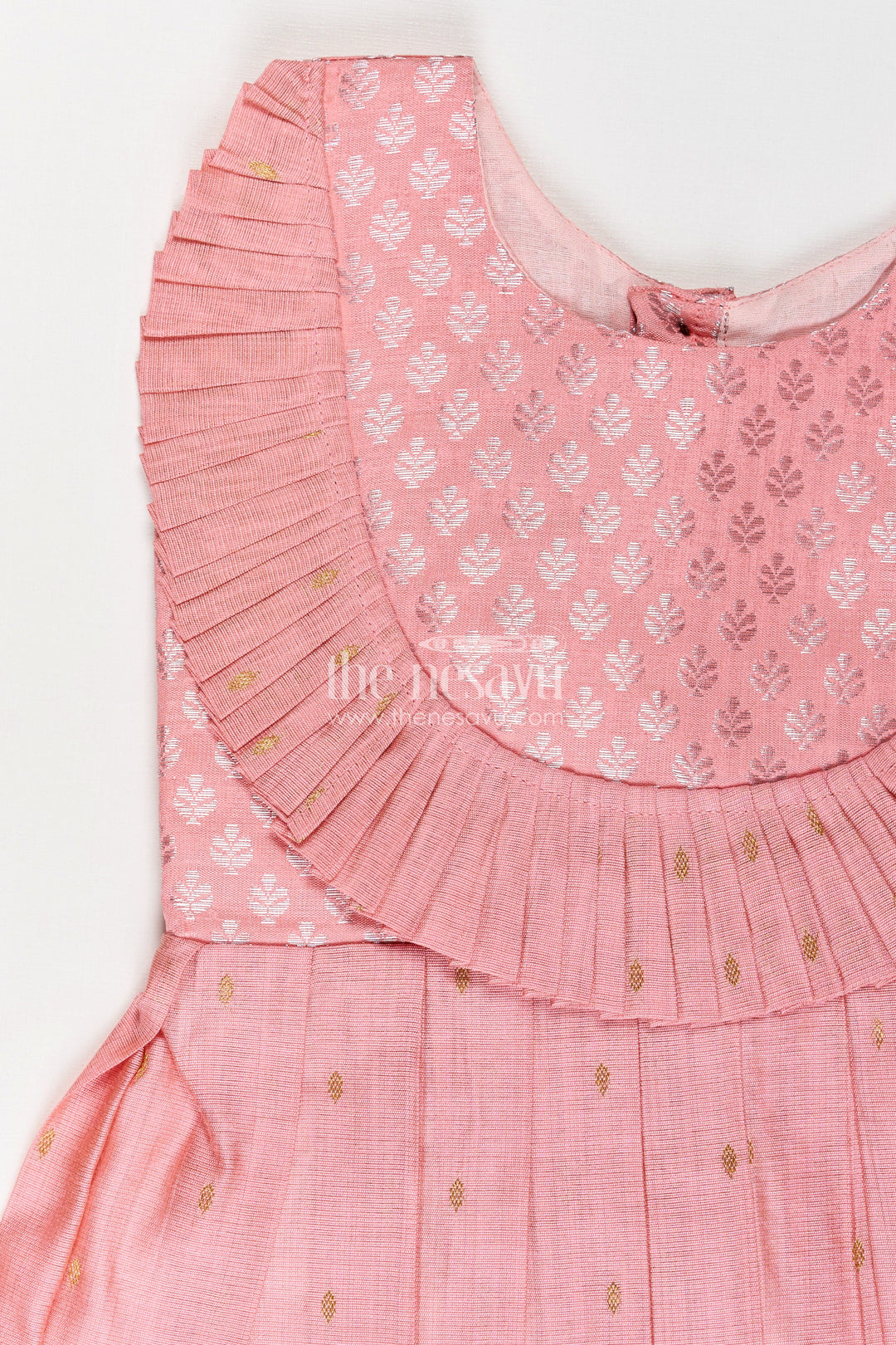 The Nesavu Silk Frock Girls Pattu Pavadai Model in Pink Viscose with Semi Banaras Yoke and Pleated Traditional Design Nesavu Nesavu Girls Pattu Pavadai Model Pink Viscose Semi Banaras Yoke Pleated Finish