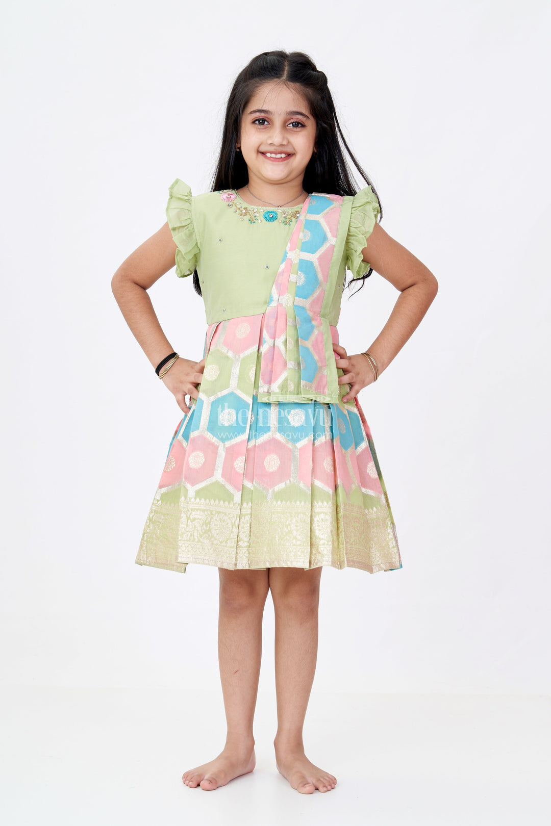 The Nesavu Silk Party Frock Girls Pattu Saree To Frock with Floral Embroidery and Rich Zari Border Nesavu 16 (1Y) / Green SF975A-16 Girls Pattu Saree to Frock Floral Embroidery Zari Pleated Skirt | The Nesavu