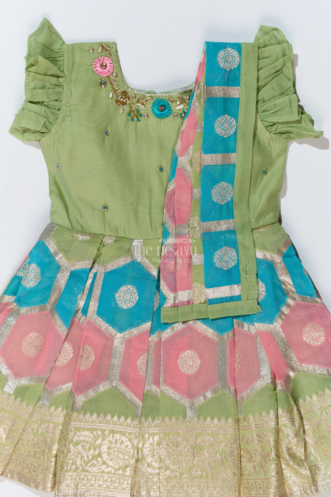 The Nesavu Silk Party Frock Girls Pattu Saree To Frock with Floral Embroidery and Rich Zari Border Nesavu Girls Pattu Saree to Frock Floral Embroidery Zari Pleated Skirt | The Nesavu