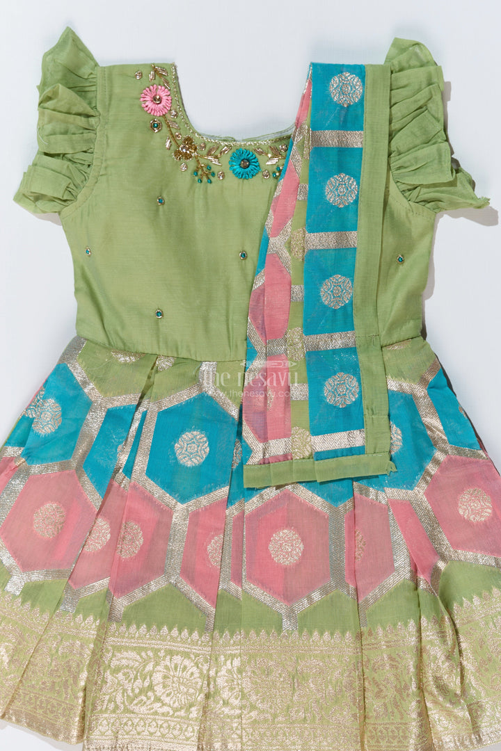 The Nesavu Silk Party Frock Girls Pattu Saree To Frock with Floral Embroidery and Rich Zari Border Nesavu Girls Pattu Saree to Frock Floral Embroidery Zari Pleated Skirt | The Nesavu