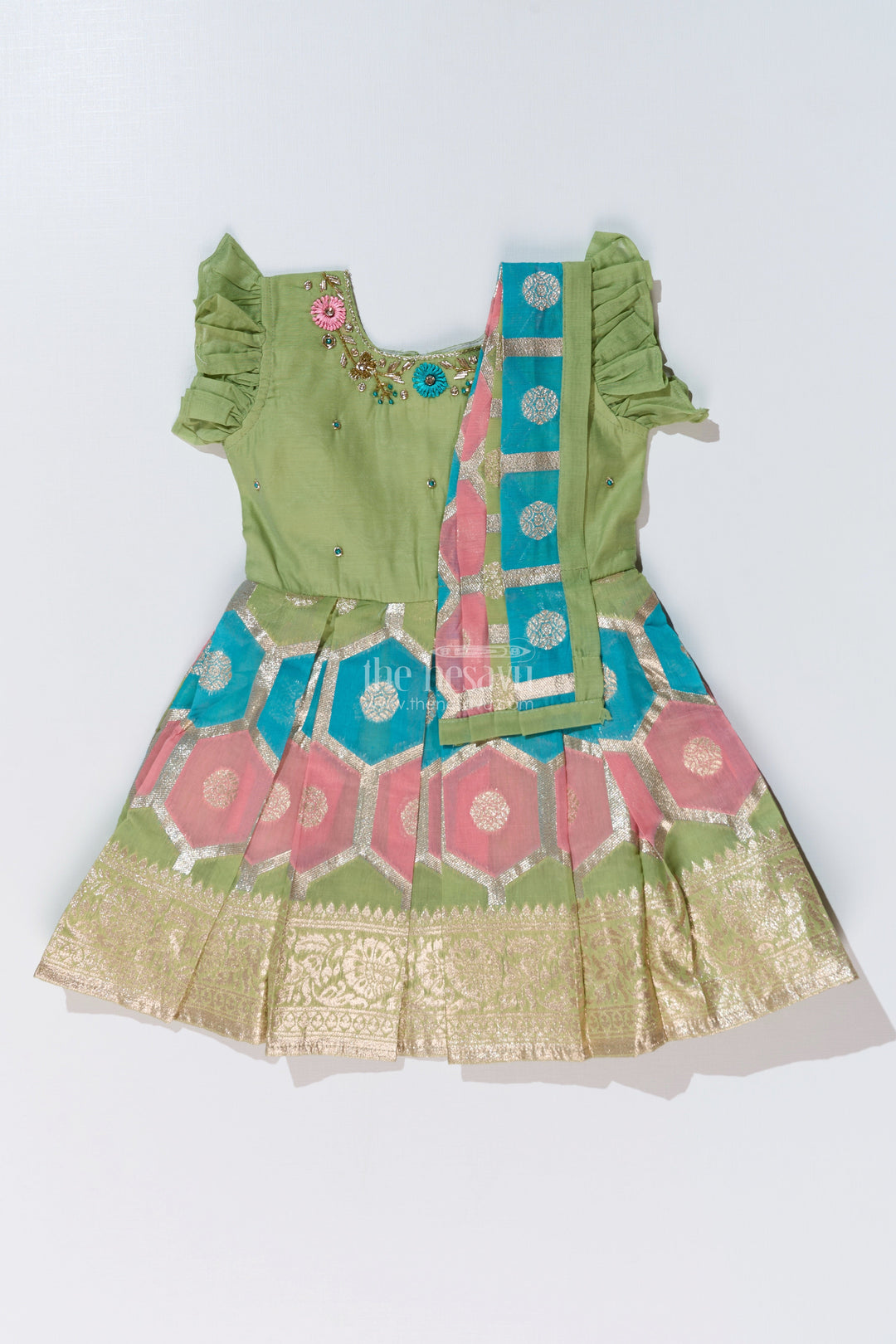 The Nesavu Silk Party Frock Girls Pattu Saree To Frock with Floral Embroidery and Rich Zari Border Nesavu Girls Pattu Saree to Frock Floral Embroidery Zari Pleated Skirt | The Nesavu