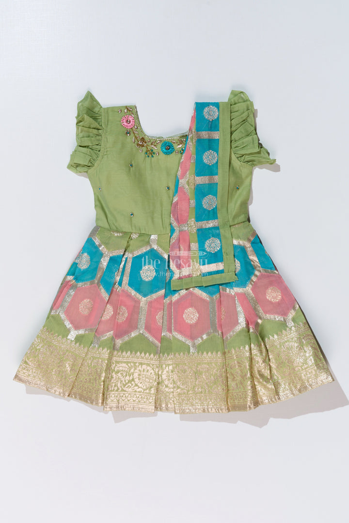 The Nesavu Silk Party Frock Girls Pattu Saree To Frock with Floral Embroidery and Rich Zari Border Nesavu Girls Pattu Saree to Frock Floral Embroidery Zari Pleated Skirt | The Nesavu