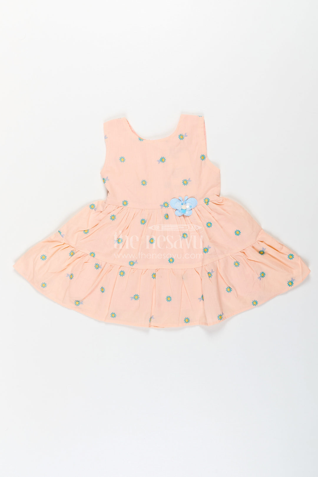 The Nesavu Baby Cotton Frocks Girls Peach Casual Dress Sleeveless in Soft Cotton with Daisy Embroidery and Blue Appliqué Nesavu 14 (6M) / Orange BFJ751C-14 Peach Sleeveless Casual Dress Girls Cotton Floral Embroidery Blue Appliqu | The Nesavu