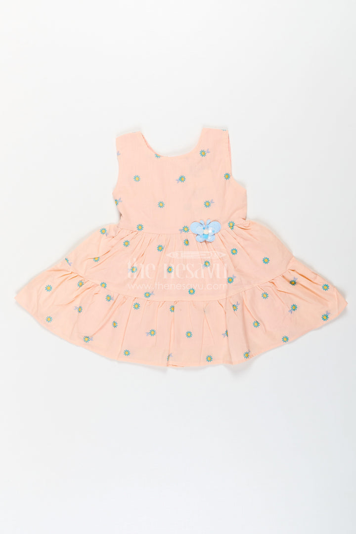 The Nesavu Baby Cotton Frocks Girls Peach Casual Dress Sleeveless in Soft Cotton with Daisy Embroidery and Blue Appliqué Nesavu 14 (6M) / Orange BFJ751C-14 Peach Sleeveless Casual Dress Girls Cotton Floral Embroidery Blue Appliqu | The Nesavu