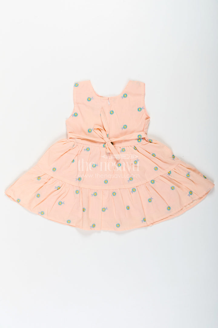 The Nesavu Baby Cotton Frocks Girls Peach Casual Dress Sleeveless in Soft Cotton with Daisy Embroidery and Blue Appliqué Nesavu Peach Sleeveless Casual Dress Girls Cotton Floral Embroidery Blue Appliqu | The Nesavu