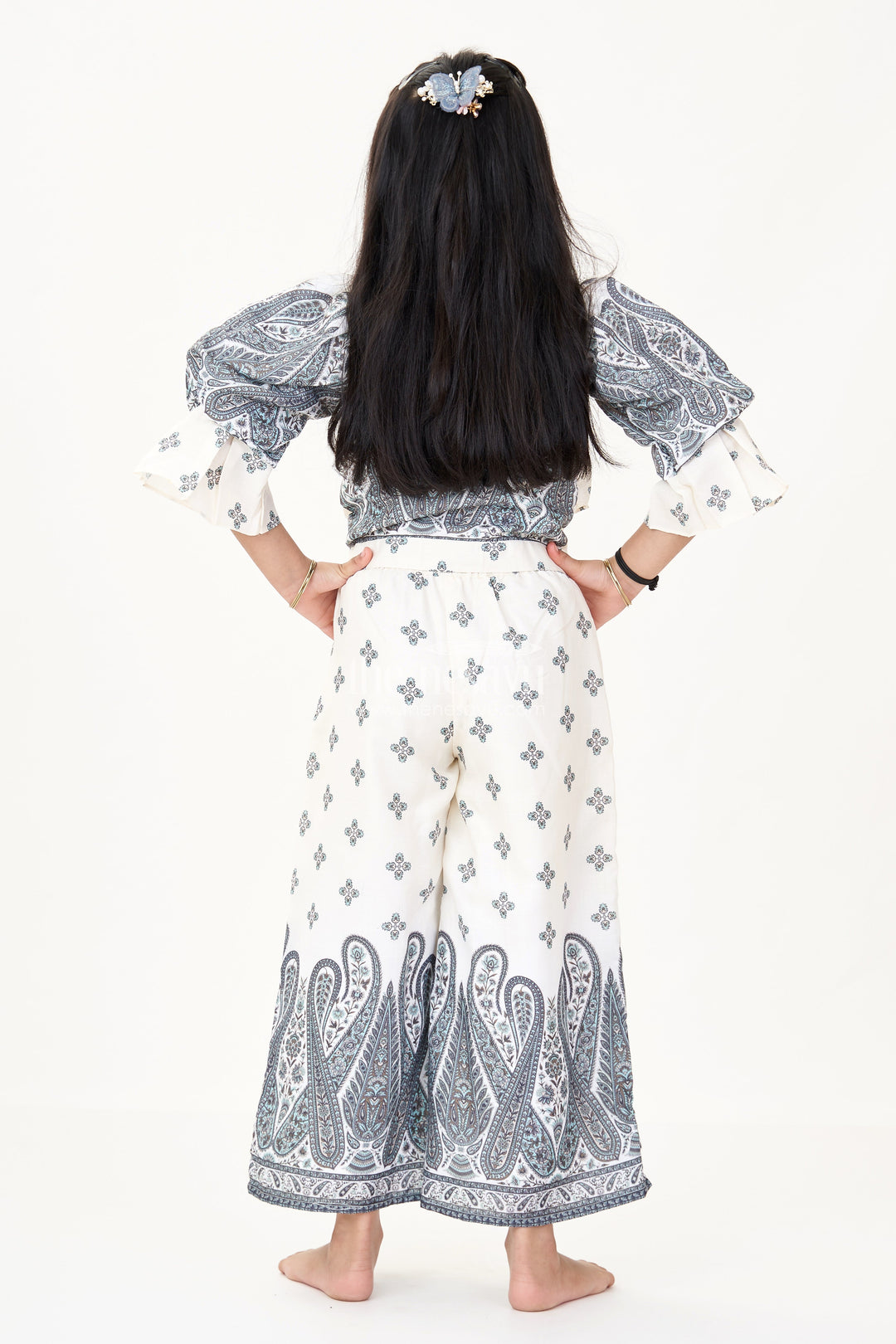 The Nesavu Girls Casual Set Girls Peach Casual Set in Cotton Blend with Paisley Print and Stylish Puffed Sleeves Nesavu Girls Peach Casual Set Cotton Blend Paisley Print Modern Collared Top | The Nesavu