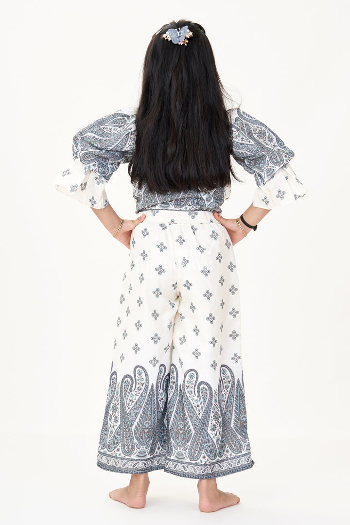 The Nesavu Girls Casual Set Girls Peach Casual Set in Cotton Blend with Paisley Print and Stylish Puffed Sleeves Nesavu Girls Peach Casual Set Cotton Blend Paisley Print Modern Collared Top | The Nesavu