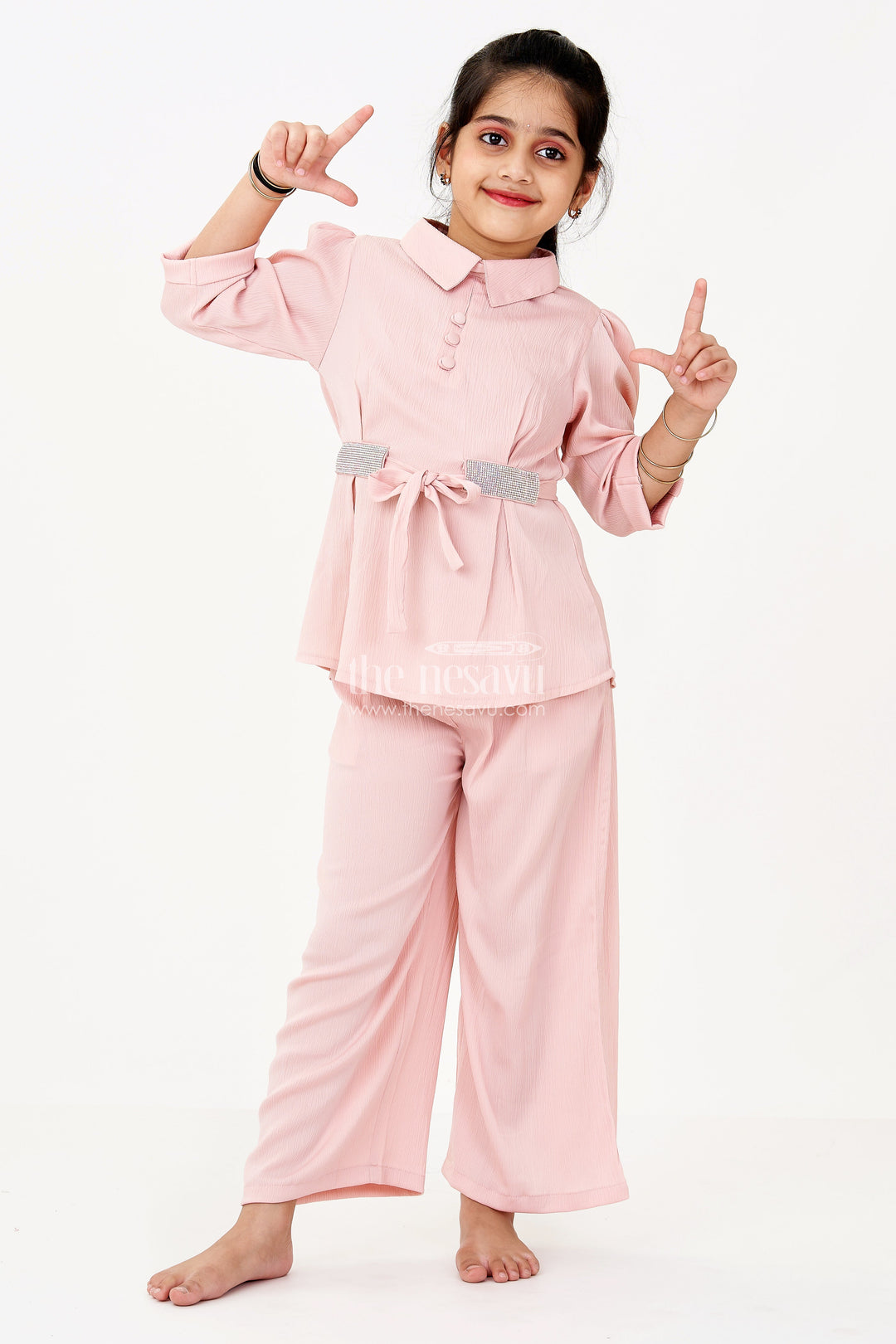 The Nesavu Girls Casual Set Girls Peach Chinnon Casual Set with Stone Embellished Belt and Pleated Top for Womens Casual Co Ord Sets Nesavu 20 (3Y) / Peach GPS567B-20 Girls Peach Casual Chinnon Chiffon Stone Belt Womens Casual Stylish Look | The Nesavu