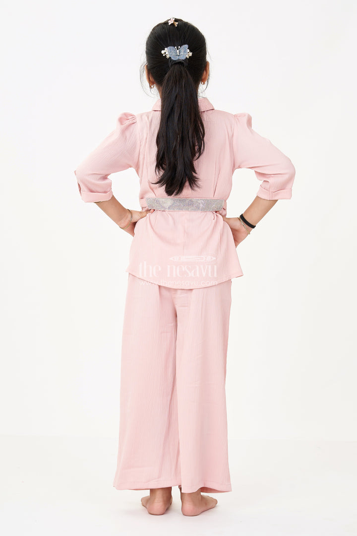 The Nesavu Girls Casual Set Girls Peach Chinnon Casual Set with Stone Embellished Belt and Pleated Top for Womens Casual Co Ord Sets Nesavu Girls Peach Casual Chinnon Chiffon Stone Belt Womens Casual Stylish Look | The Nesavu