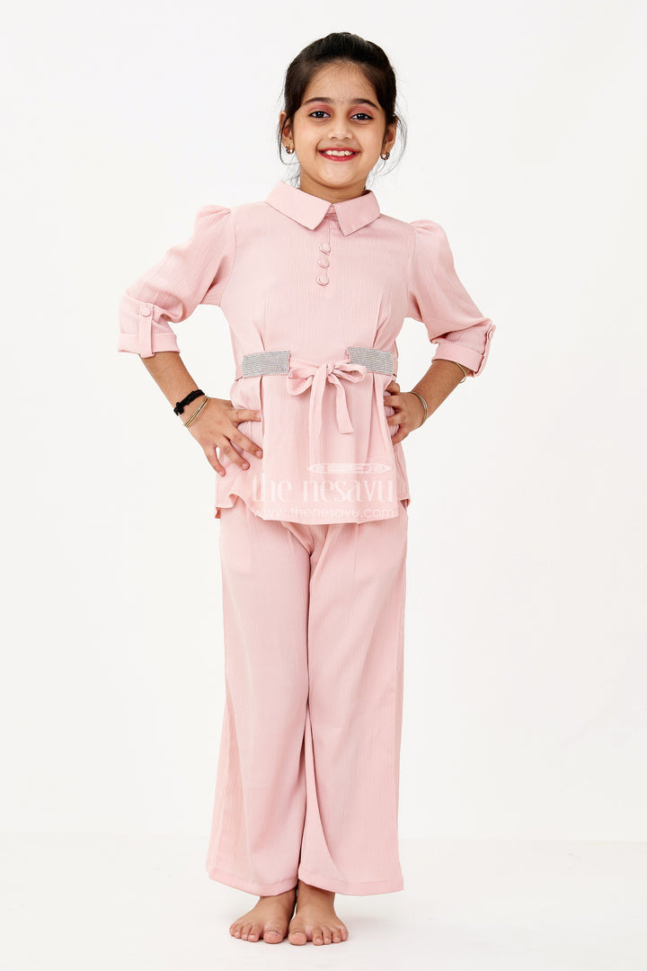 The Nesavu Girls Casual Set Girls Peach Chinnon Casual Set with Stone Embellished Belt and Pleated Top for Womens Casual Co Ord Sets Nesavu Girls Peach Casual Chinnon Chiffon Stone Belt Womens Casual Stylish Look | The Nesavu
