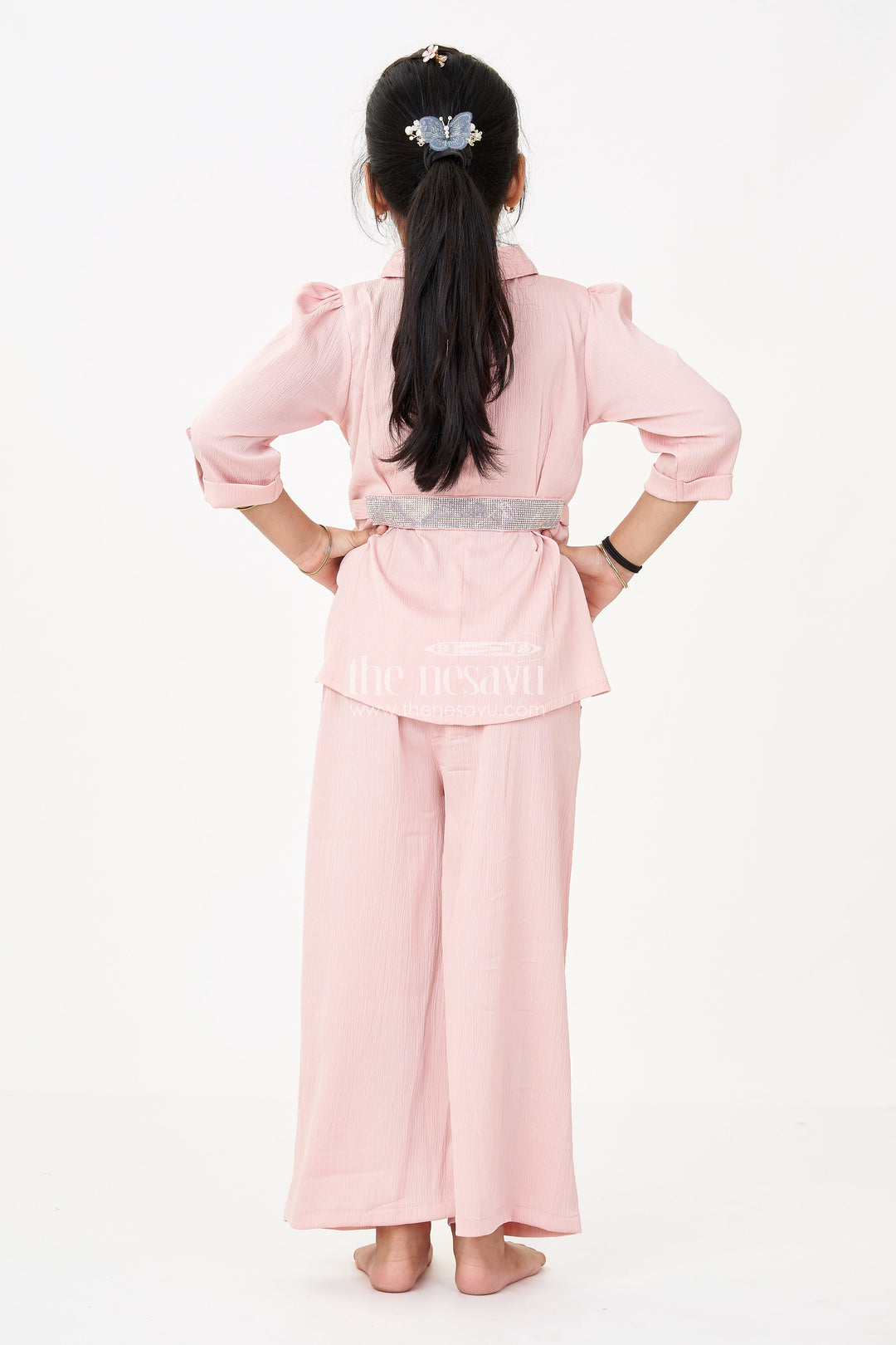 The Nesavu Girls Sharara / Plazo Set Girls Peach Chinnon Co Ord Set with Stone Embellished Belt and Pleated Top for Womens Casual Co Ord Sets Nesavu Nesavu Girls Peach Co Ord Set Chinnon Chiffon Stone Belt Womens Casual Stylish Look