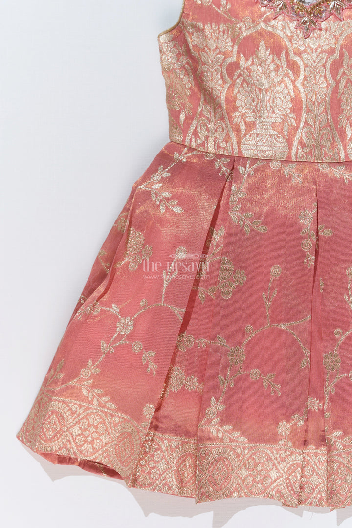 The Nesavu Silk Party Frock Girls Peach Color Frock in Silk with Embroidery and Pleated Skirt for Traditional Wear Nesavu Girls Peach Color Silk Frock Embroidery Pleated Skirt Festive Wear | The Nesavu