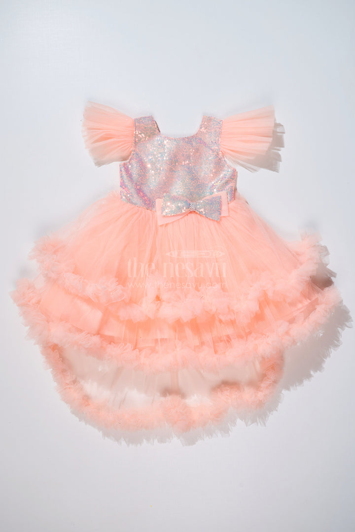 The Nesavu Girls Fancy Party Frock Girls Peach Fashion Party Wear Dress with Shimmering Sequin Bodice and Layered Ruffles Nesavu 16 (1Y) / Peach PF197B-16 Peach Fashion Party Wear Dress Girls Sequin Bodice Ruffled Net Layers | The Nesavu