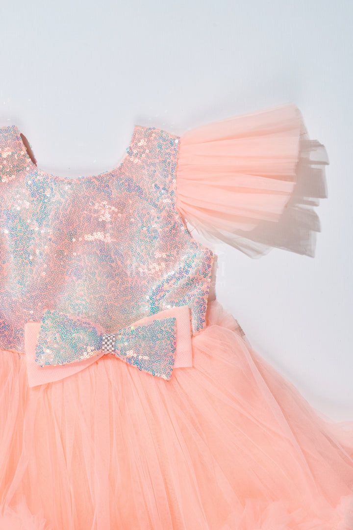 The Nesavu Girls Fancy Party Frock Girls Peach Fashion Party Wear Dress with Shimmering Sequin Bodice and Layered Ruffles Nesavu Peach Fashion Party Wear Dress Girls Sequin Bodice Ruffled Net Layers | The Nesavu