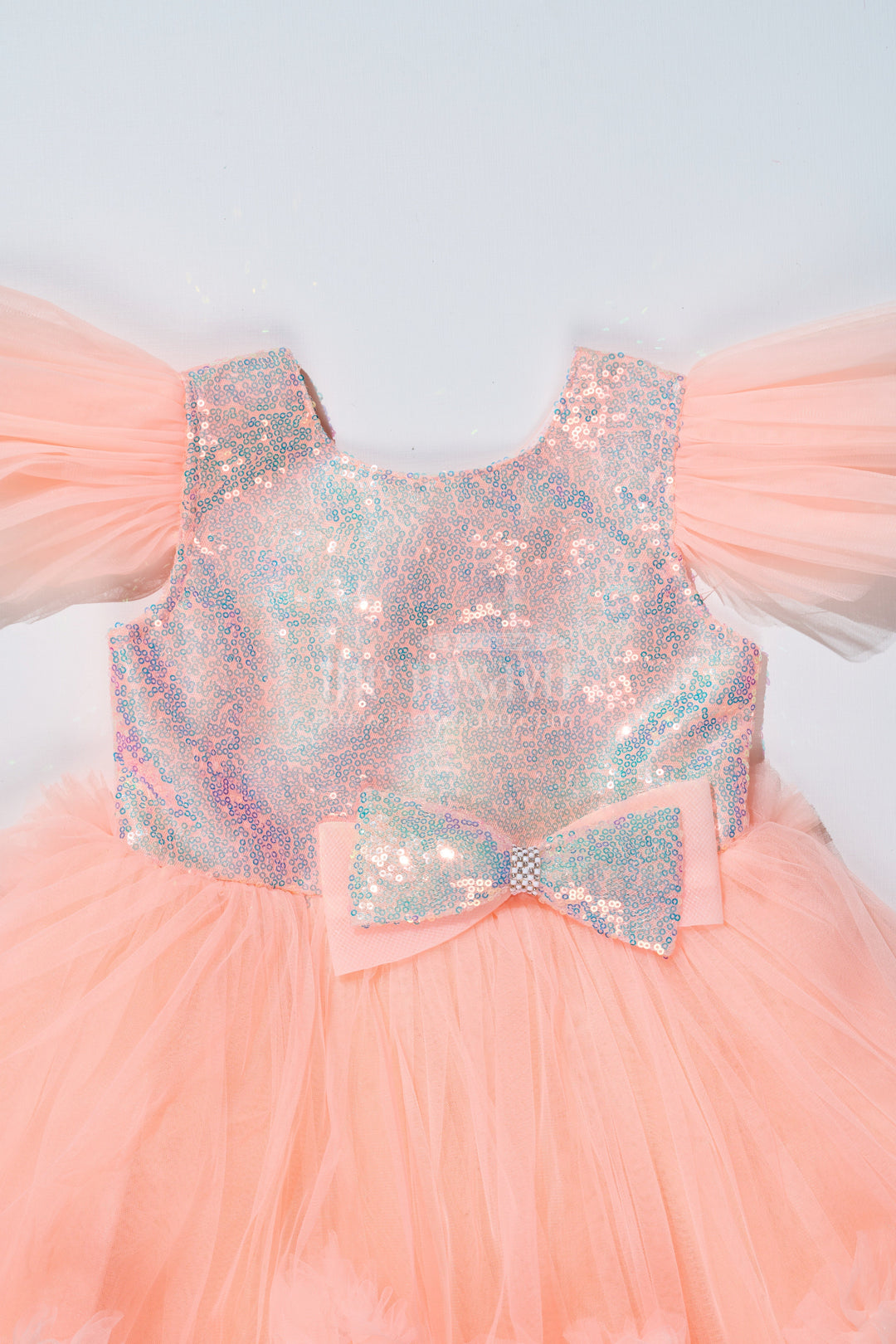 The Nesavu Girls Fancy Party Frock Girls Peach Fashion Party Wear Dress with Shimmering Sequin Bodice and Layered Ruffles Nesavu Peach Fashion Party Wear Dress Girls Sequin Bodice Ruffled Net Layers | The Nesavu