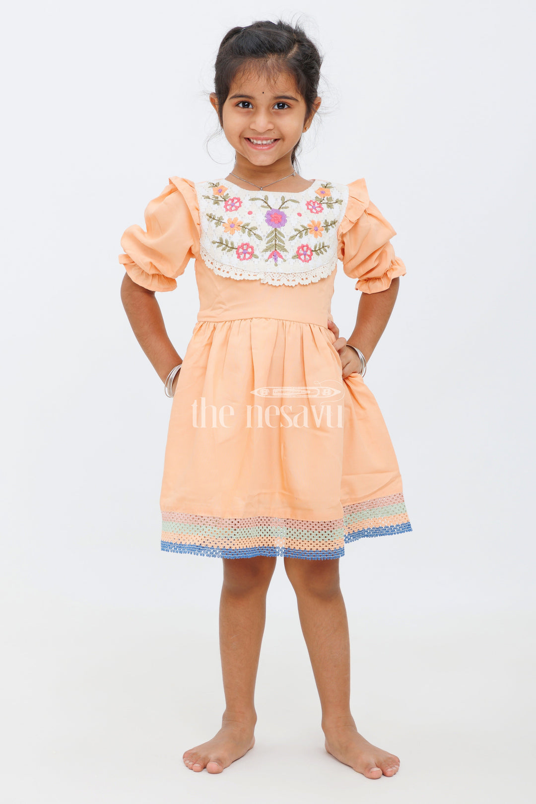 The Nesavu Girls Cotton Frock Girls Peach Floral Embroidered Frock with Ruffle Sleeves and Lace Accents - Party Wear Frock Nesavu Nesavu Girls Peach Frock Floral Embroidery Lace Details - Perfect Special Occasions