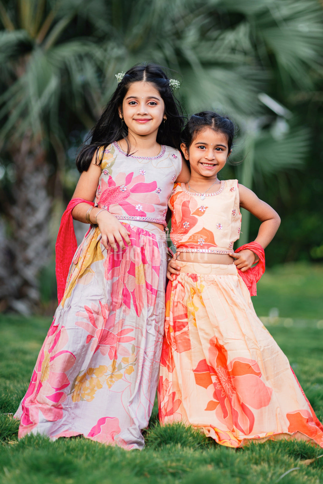 The Nesavu Girls Lehenga Choli Girls' Peach Modal Silk Lehenga Choli with Designer Embellishments Nesavu Peach Modal Silk Lehenga Choli with Designer Embellishments for Girls