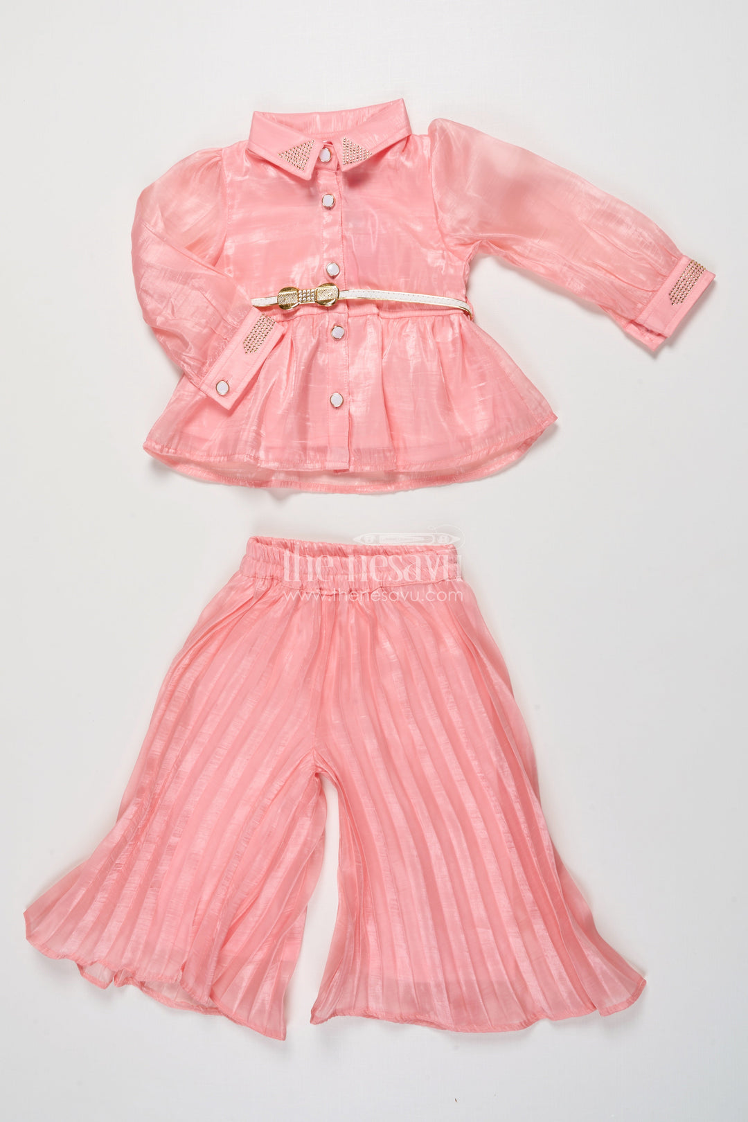 The Nesavu Girls Co-Ord Sets Girls Peach Organza Sharara Set with Pleated Pants and Embroidered Jacket Nesavu Nesavu girls peach organza sharara set pleated pants embroidered jacket  perfect festive wear