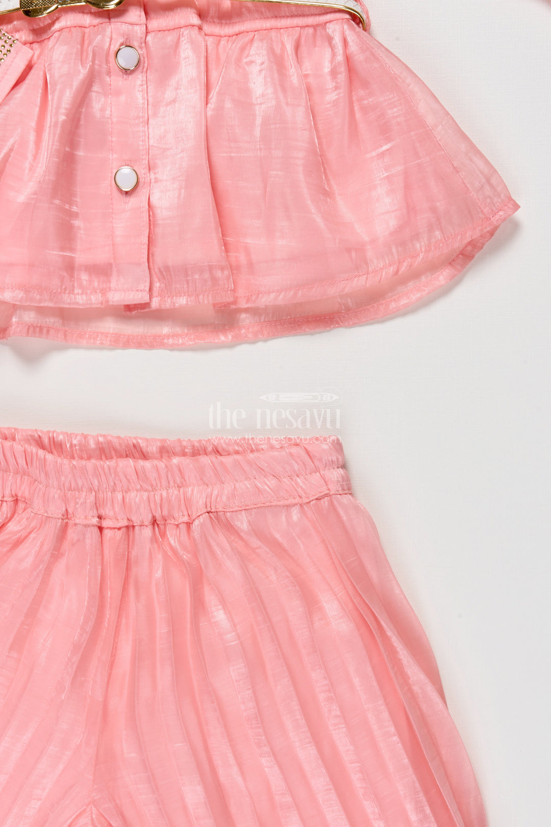 The Nesavu Girls Co-Ord Sets Girls Peach Organza Sharara Set with Pleated Pants and Embroidered Jacket Nesavu Nesavu girls peach organza sharara set pleated pants embroidered jacket  perfect festive wear