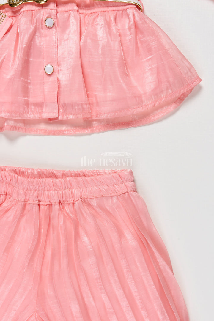 The Nesavu Girls Co-Ord Sets Girls Peach Organza Sharara Set with Pleated Pants and Embroidered Jacket Nesavu Nesavu girls peach organza sharara set pleated pants embroidered jacket  perfect festive wear