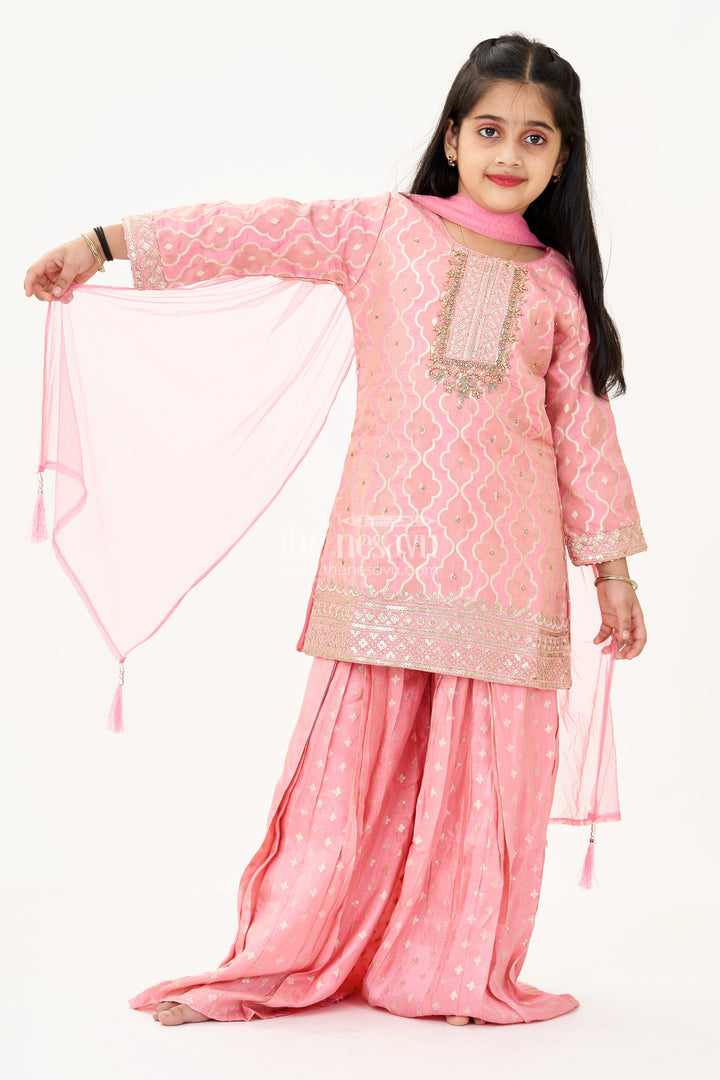 The Nesavu Girls Sharara / Plazo Set Girls Peach Sharara Set in Banarasi Kora Silk with Sequin Embroidery and Mirror Accents Nesavu 24 (5Y) / Peach GPS575A-24 Girls Peach Sharara Set Banarasi Kora Silk Sequin Embroidery Dupatta | The Nesavu