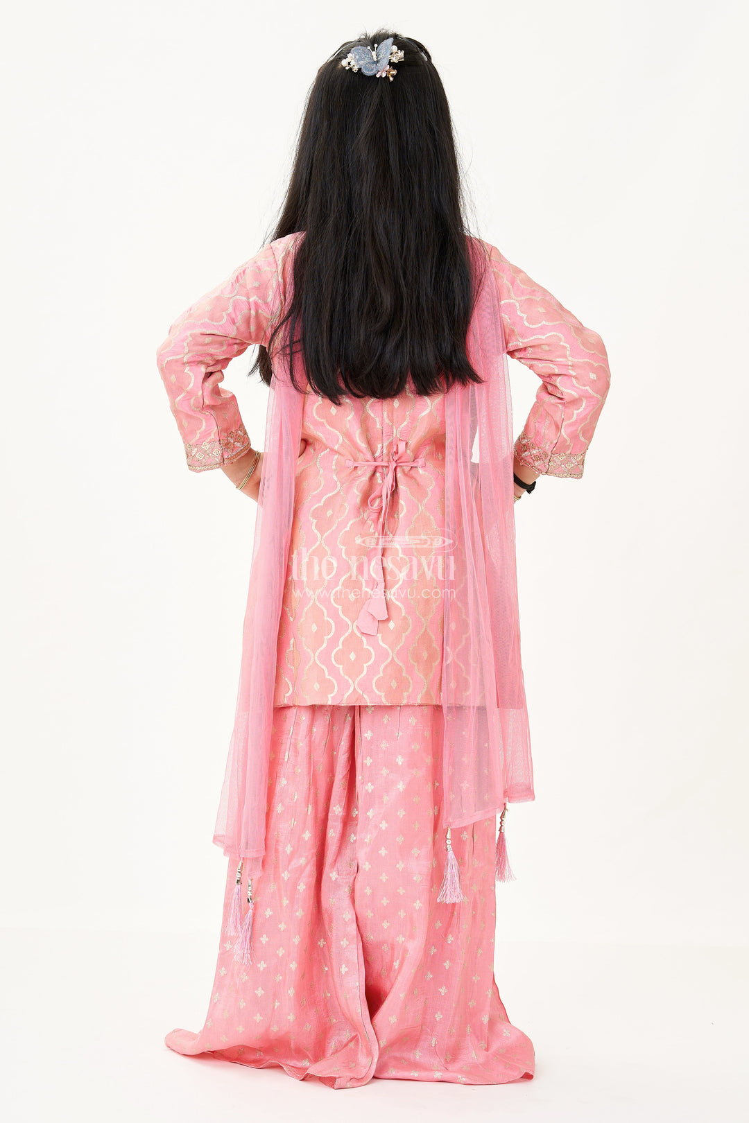 The Nesavu Girls Sharara / Plazo Set Girls Peach Sharara Set in Banarasi Kora Silk with Sequin Embroidery and Mirror Accents Nesavu Girls Peach Sharara Set Banarasi Kora Silk Sequin Embroidery Dupatta | The Nesavu