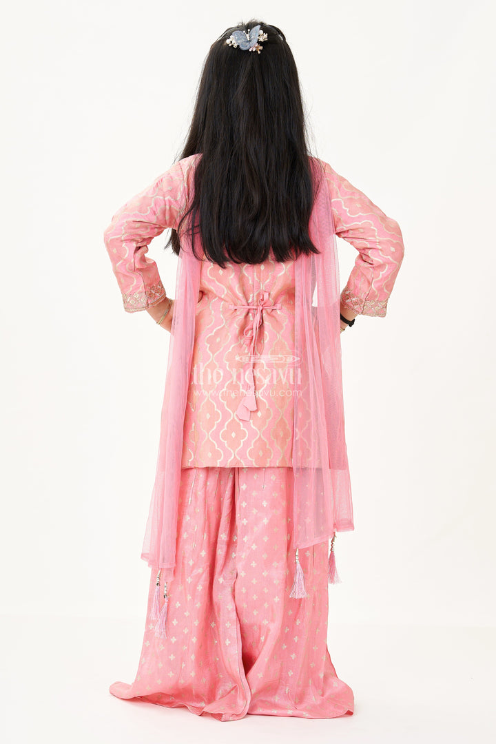 The Nesavu Girls Sharara / Plazo Set Girls Peach Sharara Set in Banarasi Kora Silk with Sequin Embroidery and Mirror Accents Nesavu Girls Peach Sharara Set Banarasi Kora Silk Sequin Embroidery Dupatta | The Nesavu
