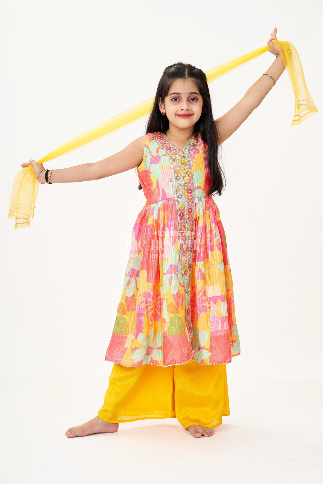 The Nesavu Girls Sharara / Plazo Set Girls Peplum Top with Sharara in Vibrant Georgette Digital Print and Sequin Embroidery Nesavu 22 (4Y) / Yellow GPS585A-22 Nesavu Peplum Top Sharara Set Girls Floral Georgette Sequin Embroidery