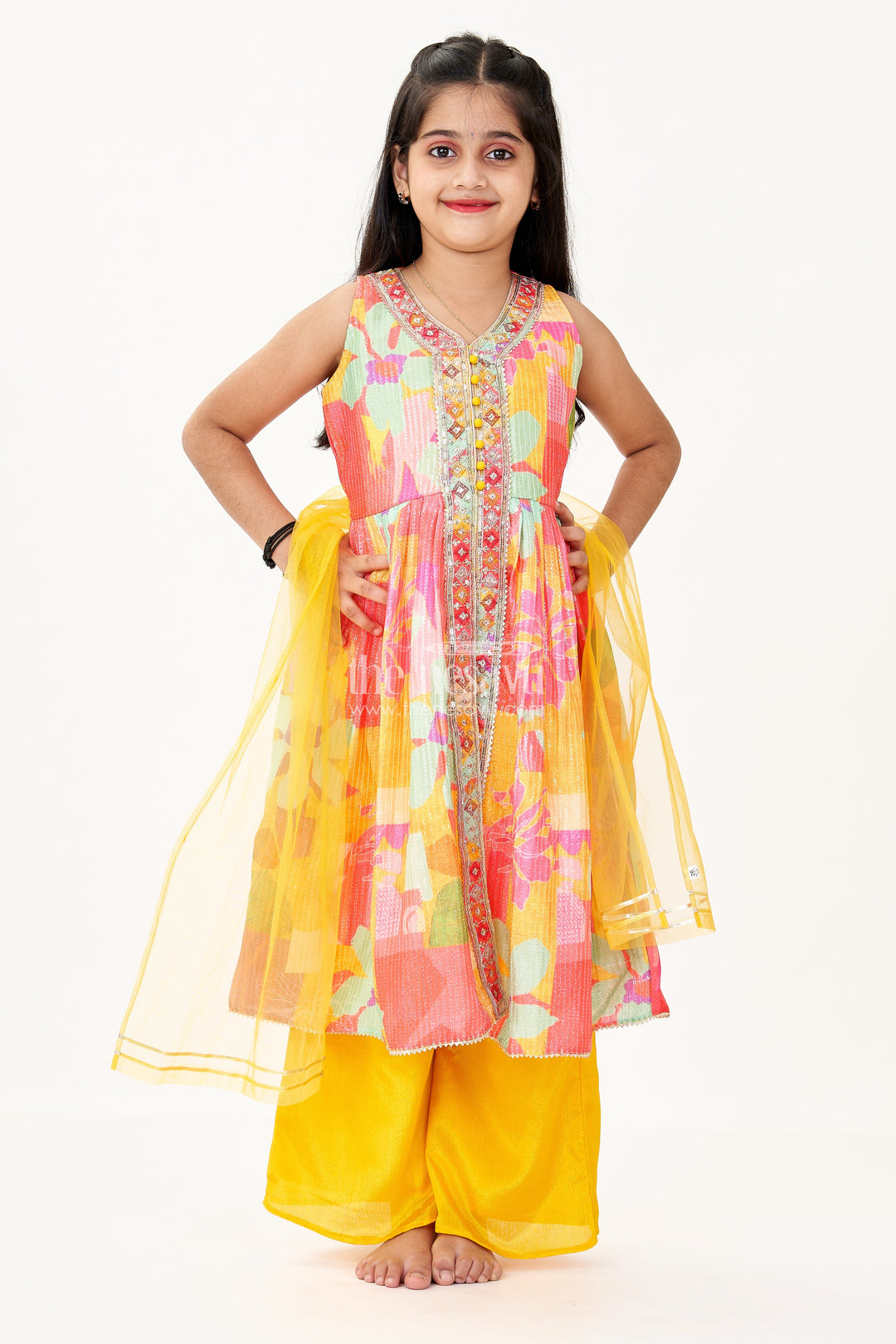 The Nesavu Girls Sharara / Plazo Set Girls Peplum Top with Sharara in Vibrant Georgette Digital Print and Sequin Embroidery Nesavu Nesavu Peplum Top Sharara Set Girls Floral Georgette Sequin Embroidery